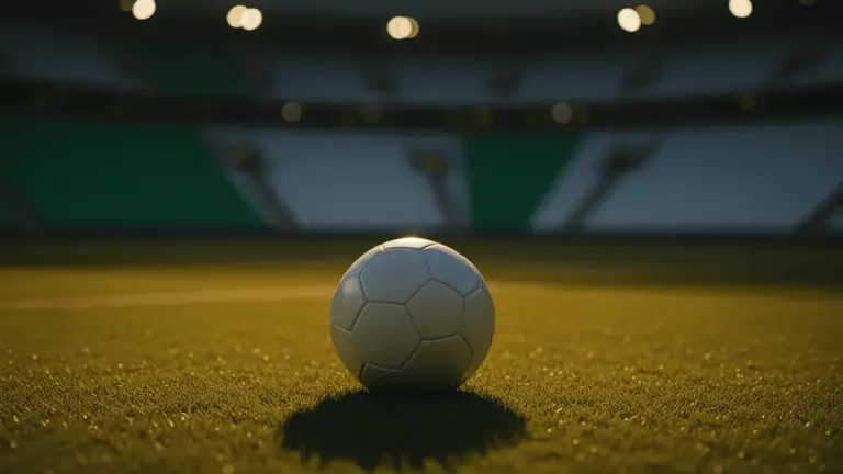 Football on centre spot under floodlights, empty pitch with green and blue-lit stands, match-day atmosphere