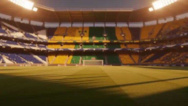 Floodlit stadium pitch at golden-hour kick-off with packed stands in Scottish blue and Brazilian yellow-green colours.