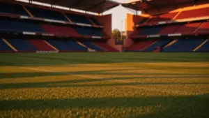 Empty floodlit stadium pitch at golden hour with dramatic shadows and blue-red tinted stands.