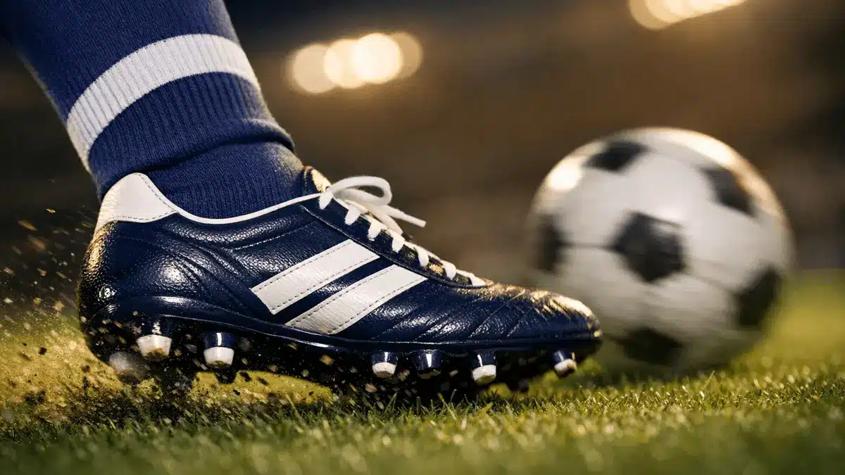 Navy and white football boot striking a ball on grass, shallow depth of field, stadium lighting
