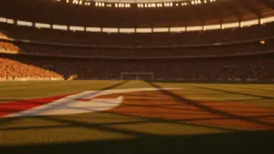 Floodlit stadium pitch at golden hour with dramatic shadows and geometric light patterns, no players visible.