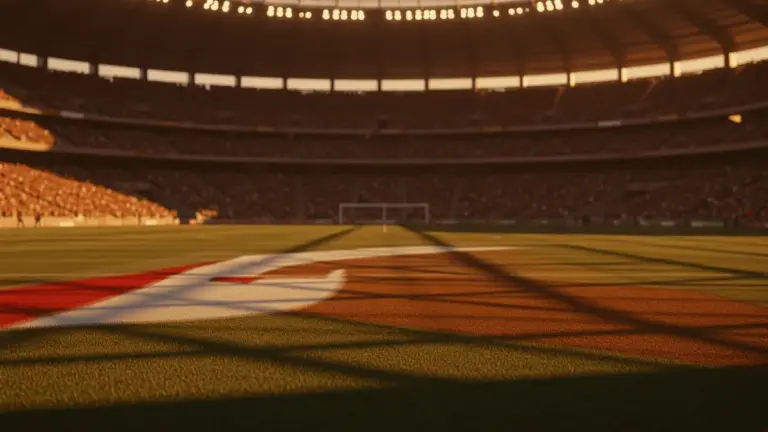 Floodlit stadium pitch at golden hour with dramatic shadows and geometric light patterns, no players visible.