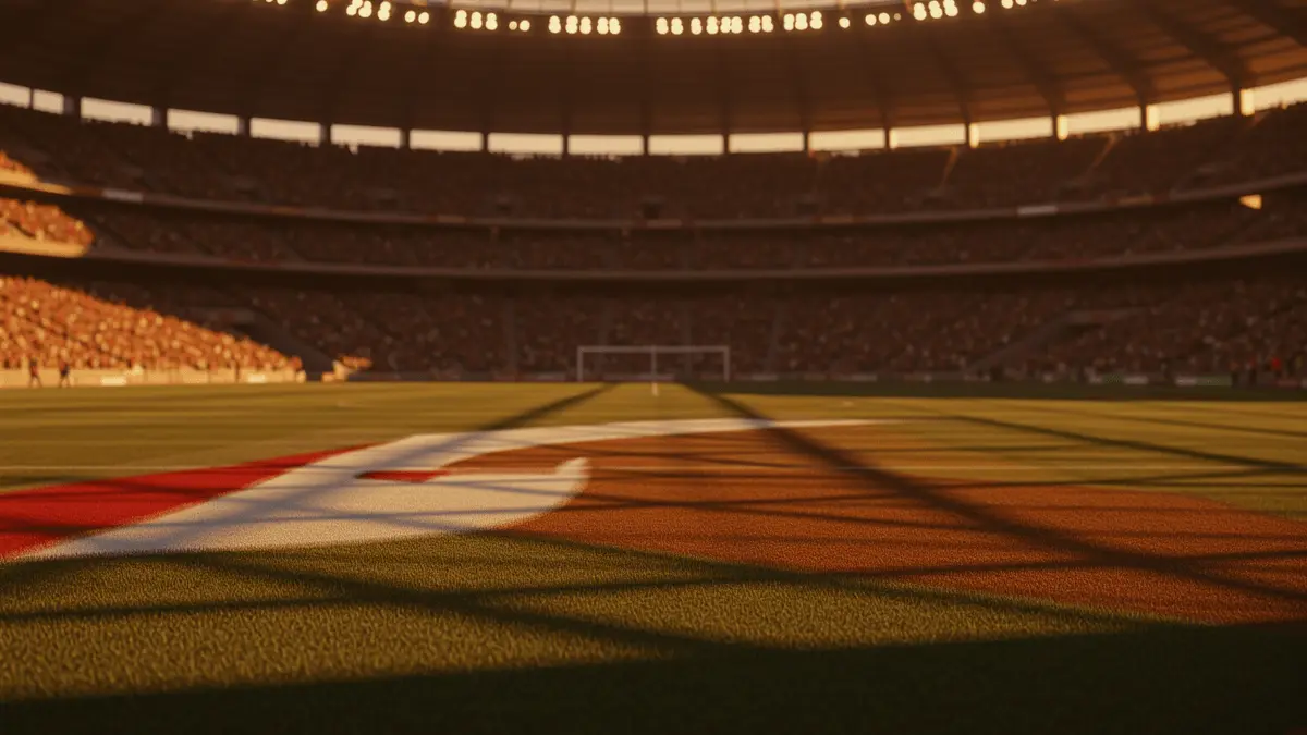 Floodlit stadium pitch at golden hour with dramatic shadows and geometric light patterns, no players visible.