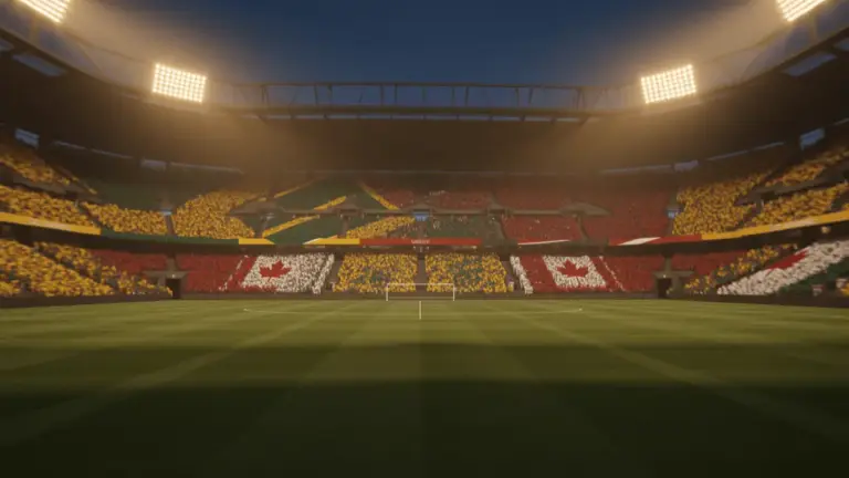 Floodlit stadium at golden-hour with packed stands in yellow-green and red-white colours, empty pitch, dramatic shadows and lighting.