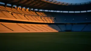 Empty floodlit stadium pitch at dusk with dramatic shadows, national colours integrated through lighting and colour grade.