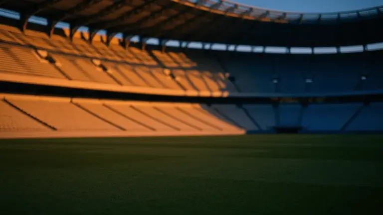 Empty floodlit stadium pitch at dusk with dramatic shadows, national colours integrated through lighting and colour grade.