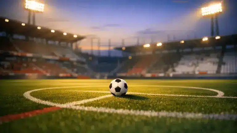 Empty professional stadium pitch at golden hour with match ball on centre spot, dramatic floodlighting and shadows.