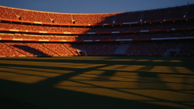 Floodlit football stadium with packed crowd at twilight, empty pitch with dramatic shadows, warm golden and cool blue lighting.