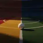 Stadium pitch with match ball on centre spot under dramatic floodlights at dusk, red-yellow and blue-green colour accents.