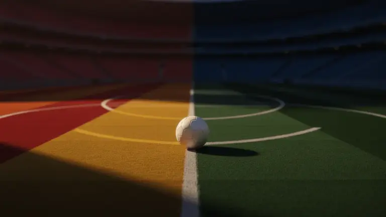 Stadium pitch with match ball on centre spot under dramatic floodlights at dusk, red-yellow and blue-green colour accents.