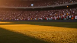 Floodlit stadium pitch at golden hour with packed stands, dramatic shadows, and crowd in national colours.