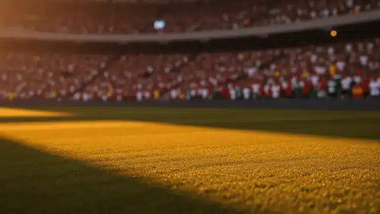 Floodlit stadium pitch at golden hour with packed stands, dramatic shadows, and crowd in national colours.