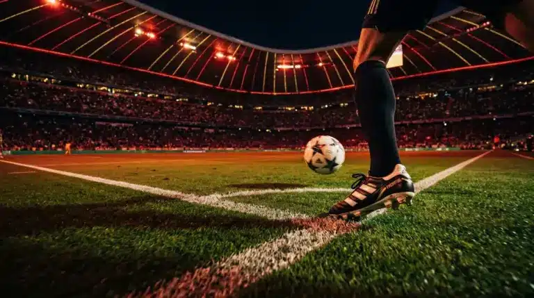 Floodlit stadium pitch at night with red and gold lighting, football boot in motion, match ball mid-flight, geometric grass markings.