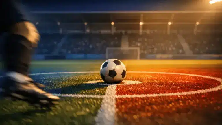 Football on centre spot under evening stadium floodlights with blue and red colour accents, shallow depth of field, blurred motion on grass