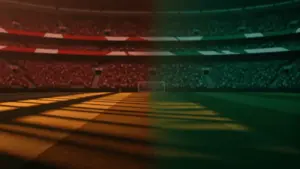 Floodlit stadium at sunset with packed stands and dramatic shadows, split-colour lighting in Swiss red-white and Algerian green-white tones.