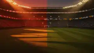Floodlit stadium at dusk with packed stands, empty pitch, dramatic shadows, and flag colour palettes of Switzerland and Bosnia & Herzegovina.