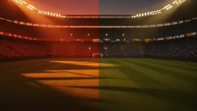 Floodlit stadium at dusk with packed stands, empty pitch, dramatic shadows, and flag colour palettes of Switzerland and Bosnia & Herzegovina.