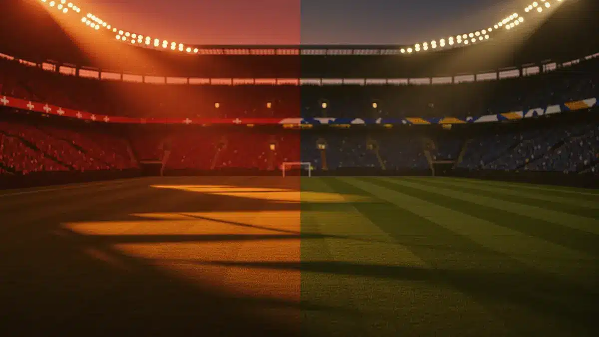 Floodlit stadium at dusk with packed stands, empty pitch, dramatic shadows, and flag colour palettes of Switzerland and Bosnia & Herzegovina.