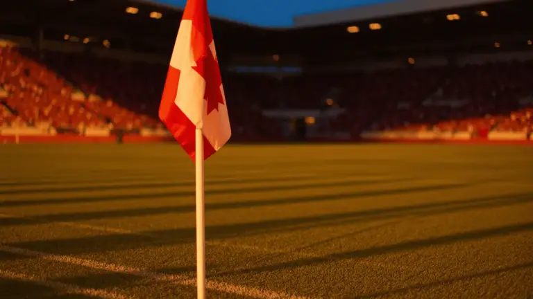 Empty floodlit football stadium at golden hour with dramatic shadow patterns on pitch, no players visible.