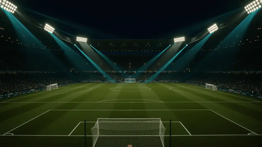 Dramatic floodlit soccer stadium at dusk with teal lighting for World Cup 2026 USA vs Australia betting preview