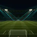 Dramatic floodlit soccer stadium at dusk with teal lighting for World Cup 2026 USA vs Australia betting preview