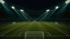 Dramatic floodlit soccer stadium at dusk with teal lighting for World Cup 2026 USA vs Australia betting preview