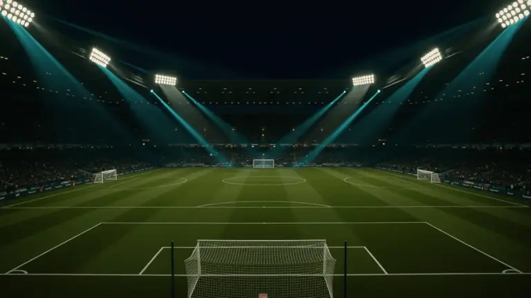 Dramatic floodlit soccer stadium at dusk with teal lighting for World Cup 2026 USA vs Australia betting preview