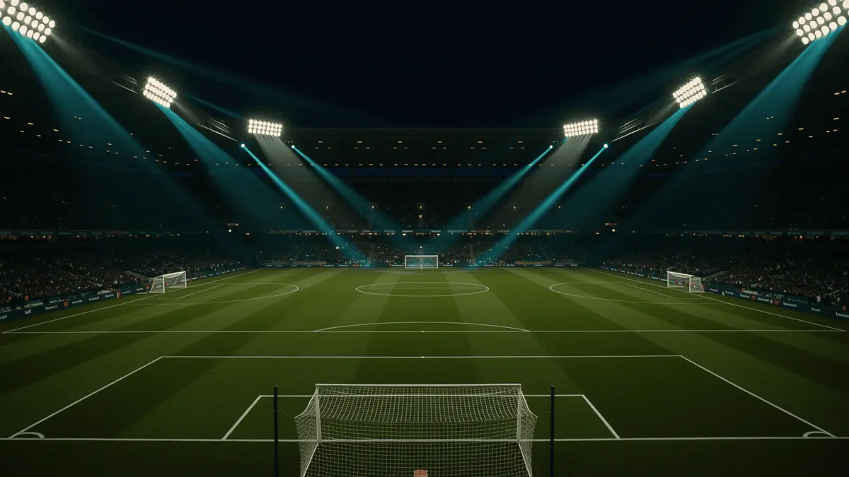 Dramatic floodlit soccer stadium at dusk with teal lighting for World Cup 2026 USA vs Australia betting preview