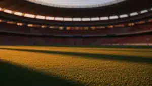 Empty floodlit stadium pitch at golden hour with dramatic shadow patterns and warm amber lighting, cinematic sports photography.