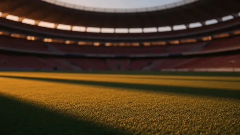 Empty floodlit stadium pitch at golden hour with dramatic shadow patterns and warm amber lighting, cinematic sports photography.