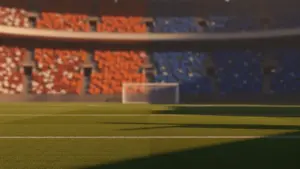 Floodlit stadium pitch at golden-hour with shadows, no players visible, national colour stands.