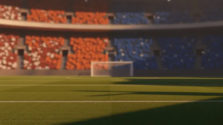 Floodlit stadium pitch at golden-hour with shadows, no players visible, national colour stands.