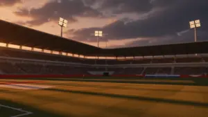 Empty floodlit football stadium at dusk with dramatic shadows, red-white and blue-red flag colours in cinematic lighting.