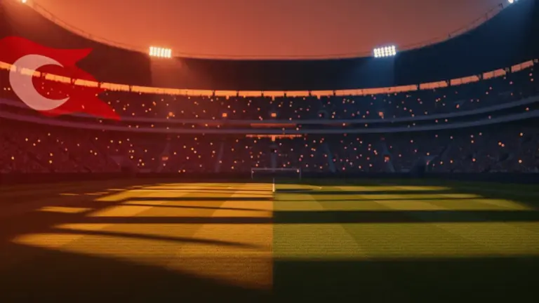 Empty floodlit stadium pitch at golden hour with Turkish red and American blue atmospheric lighting and packed silhouetted stands