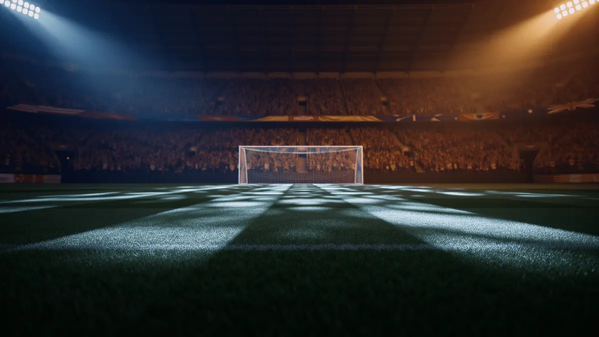 Floodlit World Cup stadium pitch at golden hour, packed stands with dramatic shadows, national colours in lighting design.