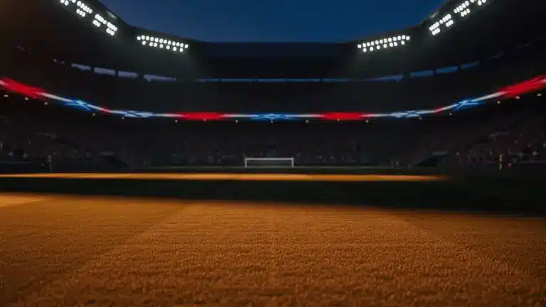 Floodlit stadium at golden hour with packed stands and dramatic shadow patterns on empty pitch.