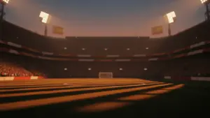 Floodlit stadium at dusk with packed stands, dramatic shadow patterns, sky blue and red gold colour palette.