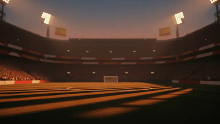 Floodlit stadium at dusk with packed stands, dramatic shadow patterns, sky blue and red gold colour palette.