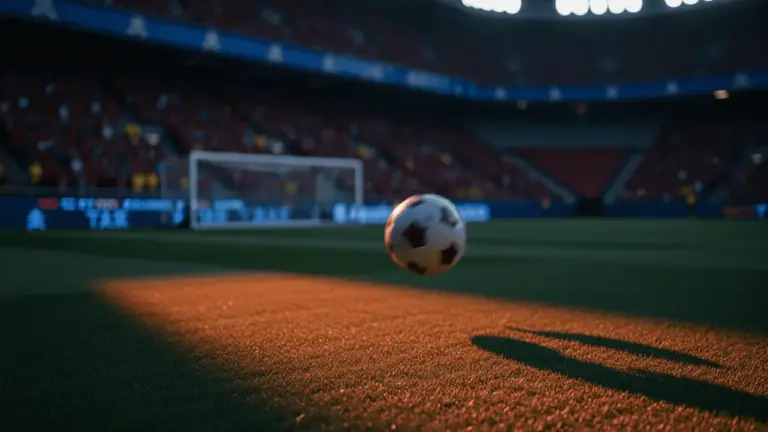 Evening stadium pitch with golden floodlights, football in motion blur, national colour-graded shadows, group-stage atmosphere.