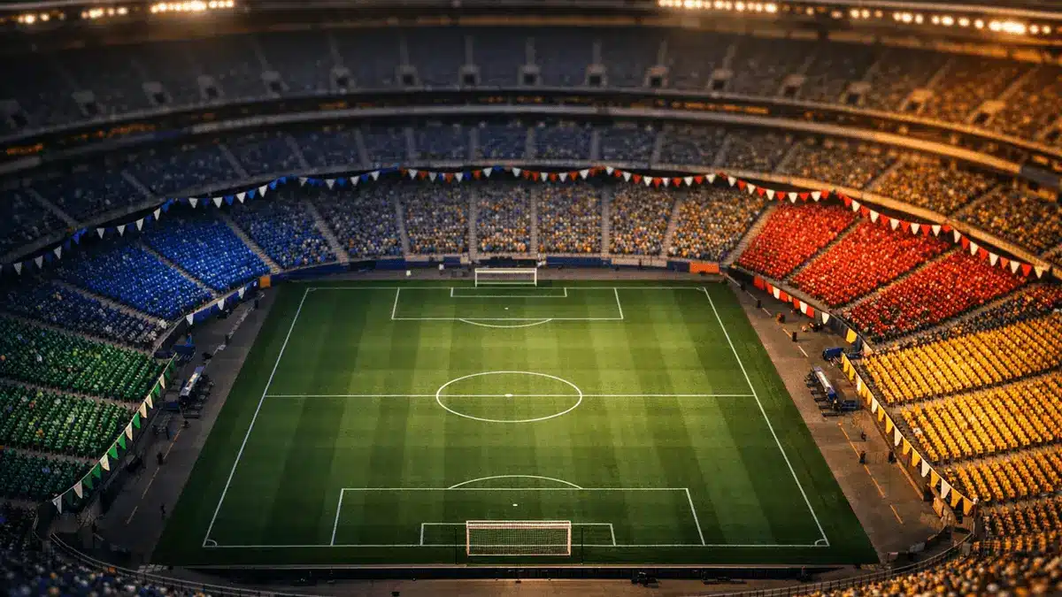 Aerial stadium view with colour-coded sections in national hues, pitch markings lit at golden hour, empty stands with bunting.