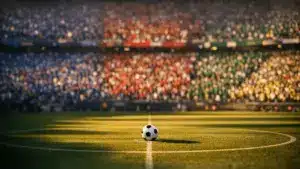 Floodlit stadium bowl with flag-coloured crowd sections, match ball on centre spot, golden-hour lighting.