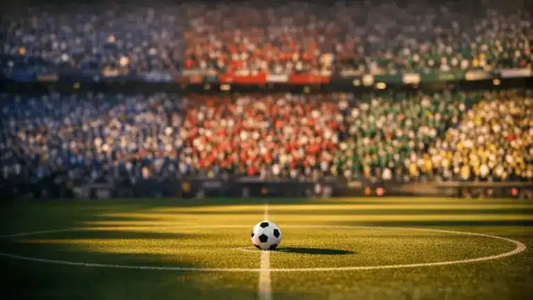 Floodlit stadium bowl with flag-coloured crowd sections, match ball on centre spot, golden-hour lighting.