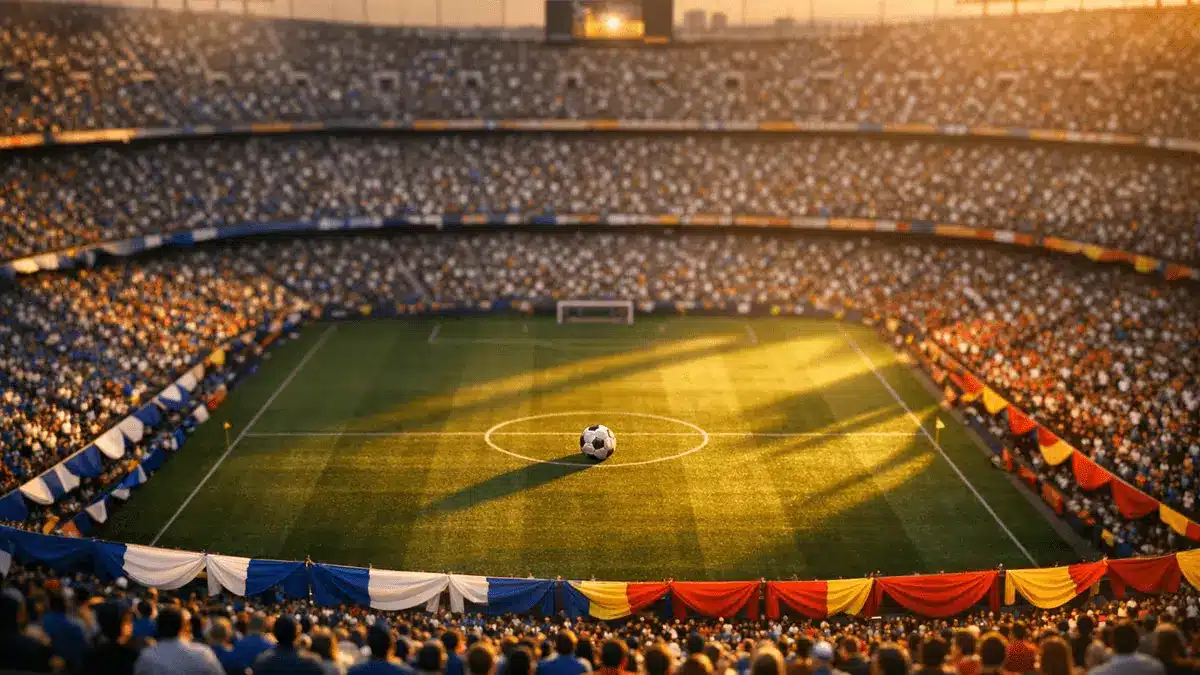 Overhead stadium view at dusk showing floodlit pitch with bunting and colour-blocked stands from multiple nations; centre spot and match ball in focus.