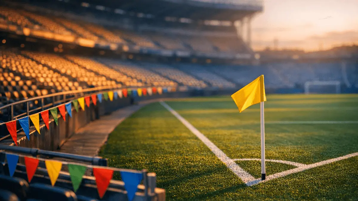 Stadium corner section with flag-coloured bunting and pitch markings at golden hour, blurred crowd stands behind.