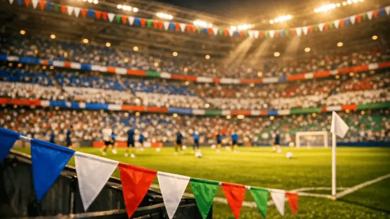 Overhead stadium view with flag-coloured bunting and floodlit pitch during pre-match group-stage atmosphere.