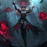 Image of Coven Syndra splash art, with demonic eyes for her powerful chaotic balls of power.
