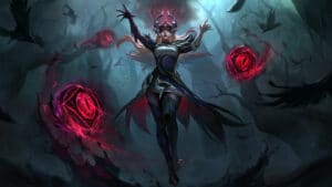Image of Coven Syndra splash art, with demonic eyes for her powerful chaotic balls of power.
