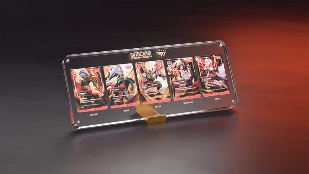 T1 Signature Riftbound cards in a display in T1 brand colours.
