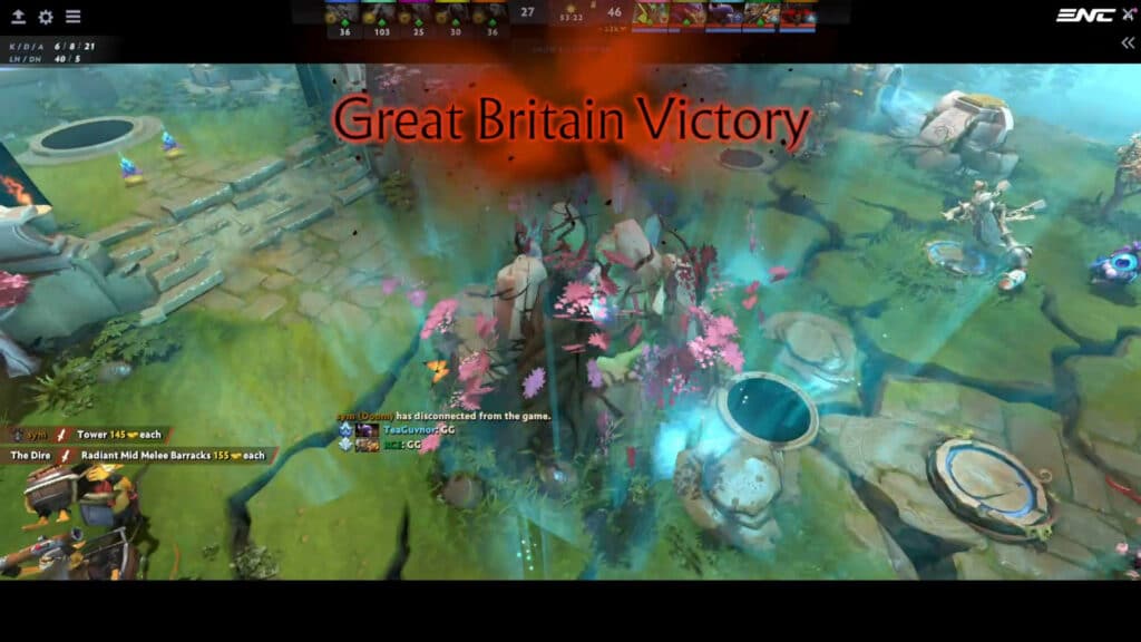 Team GB winning the lower bracket final game of Dota 2.