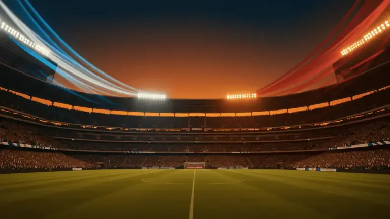 Floodlit stadium at golden-hour with packed stands, towering architecture, and dramatic evening shadows across empty pitch.